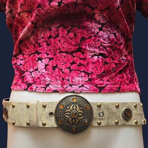 Vintage Boho Studded Hip Belt Round Disc Buckle Size XXL Beige Bronze Rhinestone